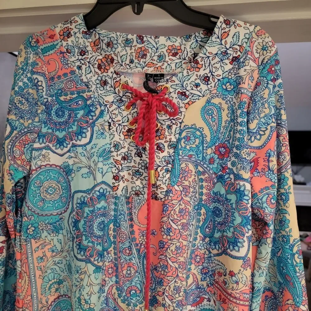 AQUA ET SOL Upf 50 3/4 Sleeve Cape Cod Lace Up Tunic Resortwear Coverup Small - Picture 5 of 10